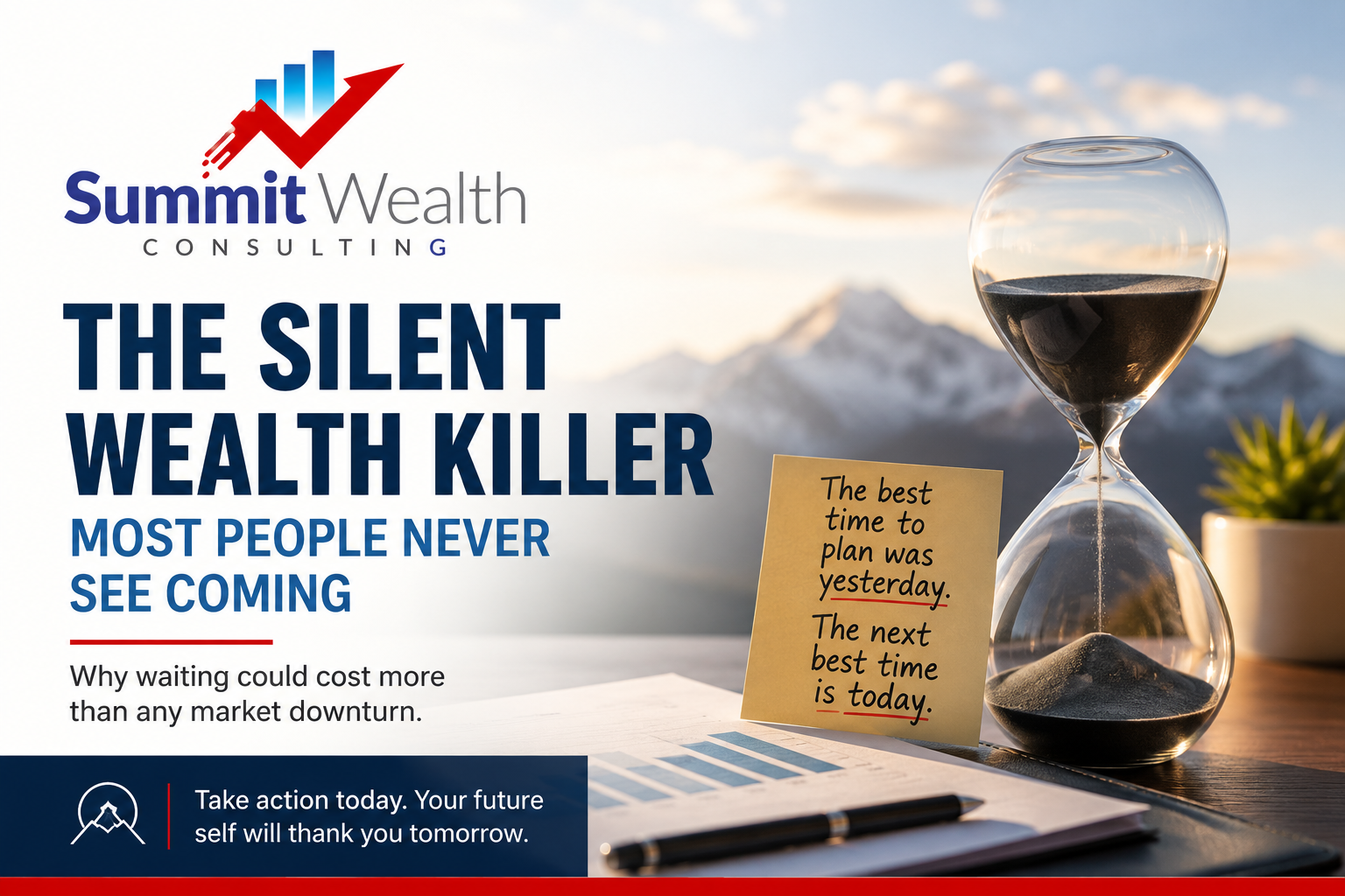 Hourglass symbolizing the cost of delaying financial decisions with Summit Wealth Consulting branding and retirement planning message.