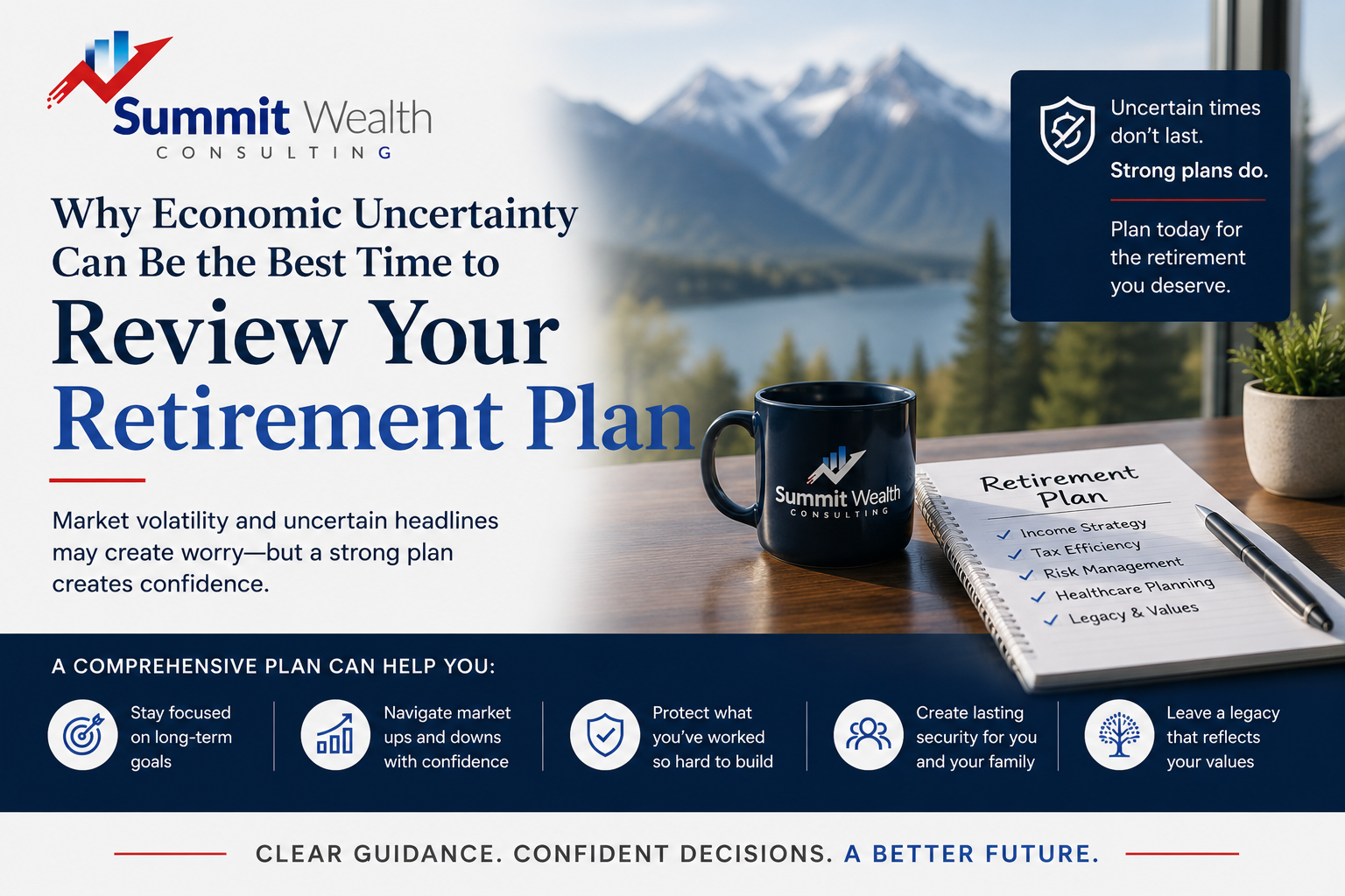 Professional Summit Wealth Consulting retirement planning graphic featuring a mountain landscape, retirement planning workbook, and financial planning message encouraging individuals to review their retirement strategy during periods of economic uncertainty.