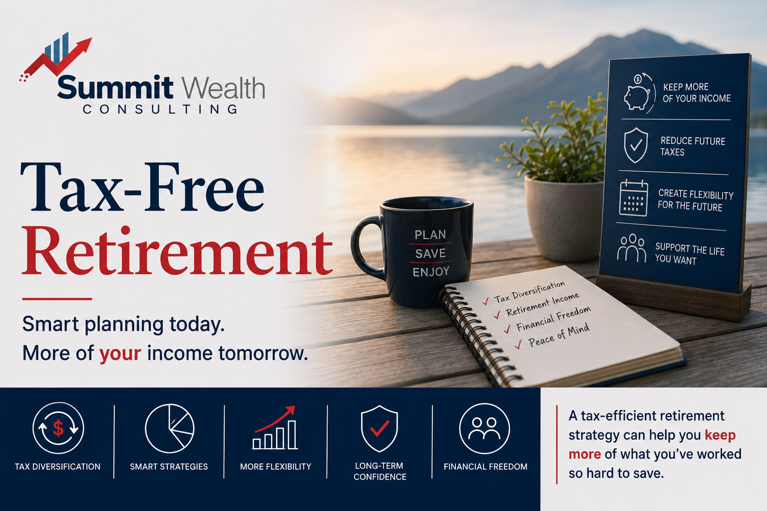 Summit Wealth Consulting tax-free retirement planning graphic featuring a lakeside mountain setting, retirement planning notebook, and financial planning concepts focused on tax diversification, retirement income, and long-term financial confidence.