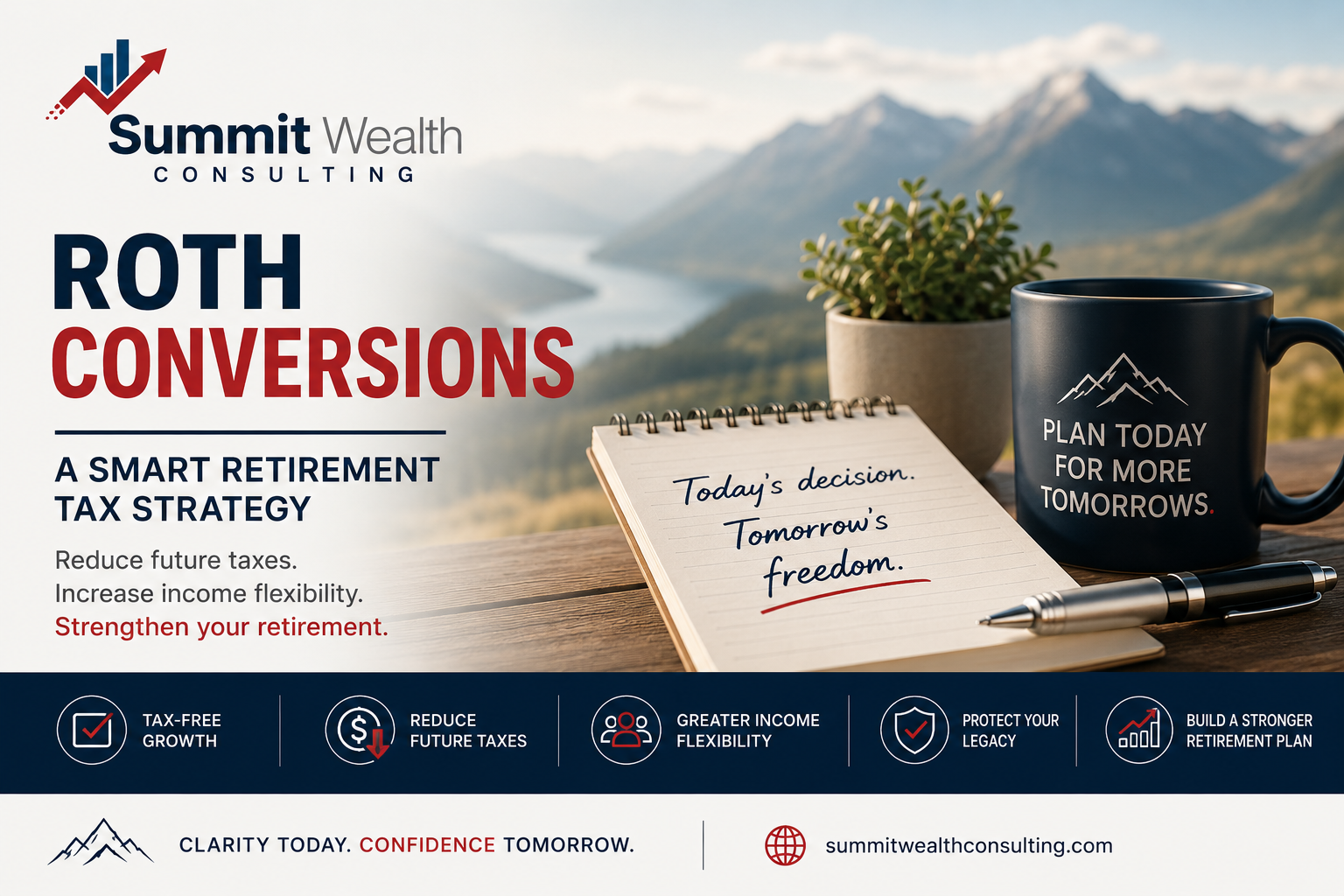 Roth conversions retirement planning graphic showing tax-free retirement strategies, retirement income planning, and long-term tax savings.
