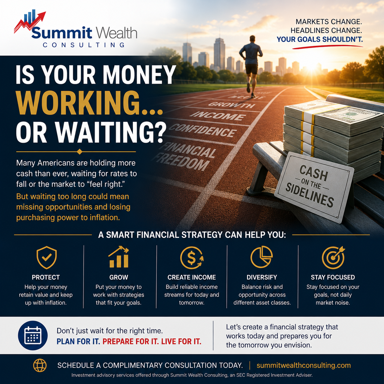 Holding too much cash illustration showing money on the sidelines and a financial planning strategy for long-term retirement success.