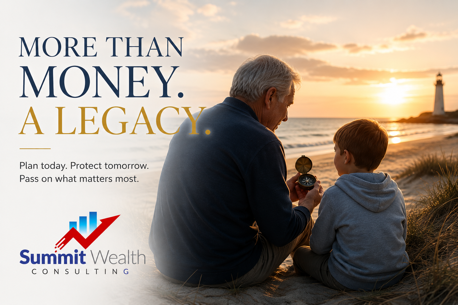 Grandfather sharing a compass with his grandson on a Florida beach at sunset, symbolizing legacy planning, generational wealth transfer, and protecting what matters most for future generations.