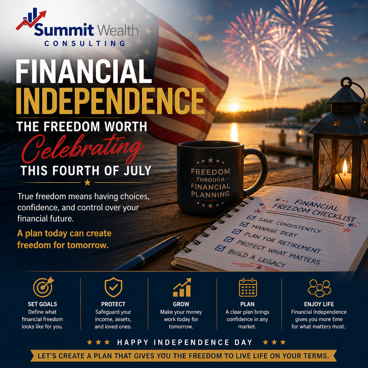 Financial independence Fourth of July graphic featuring retirement planning, financial freedom, and long-term wealth planning by Summit Wealth Consulting.