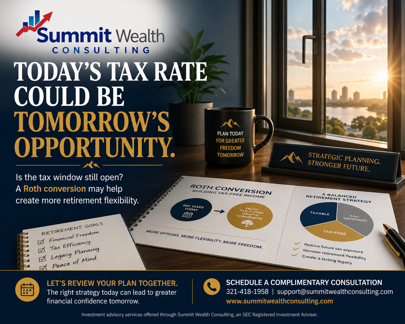 Roth conversion retirement planning graphic illustrating today's tax rates, tax-free retirement income, and long-term financial planning by Summit Wealth Consulting.
