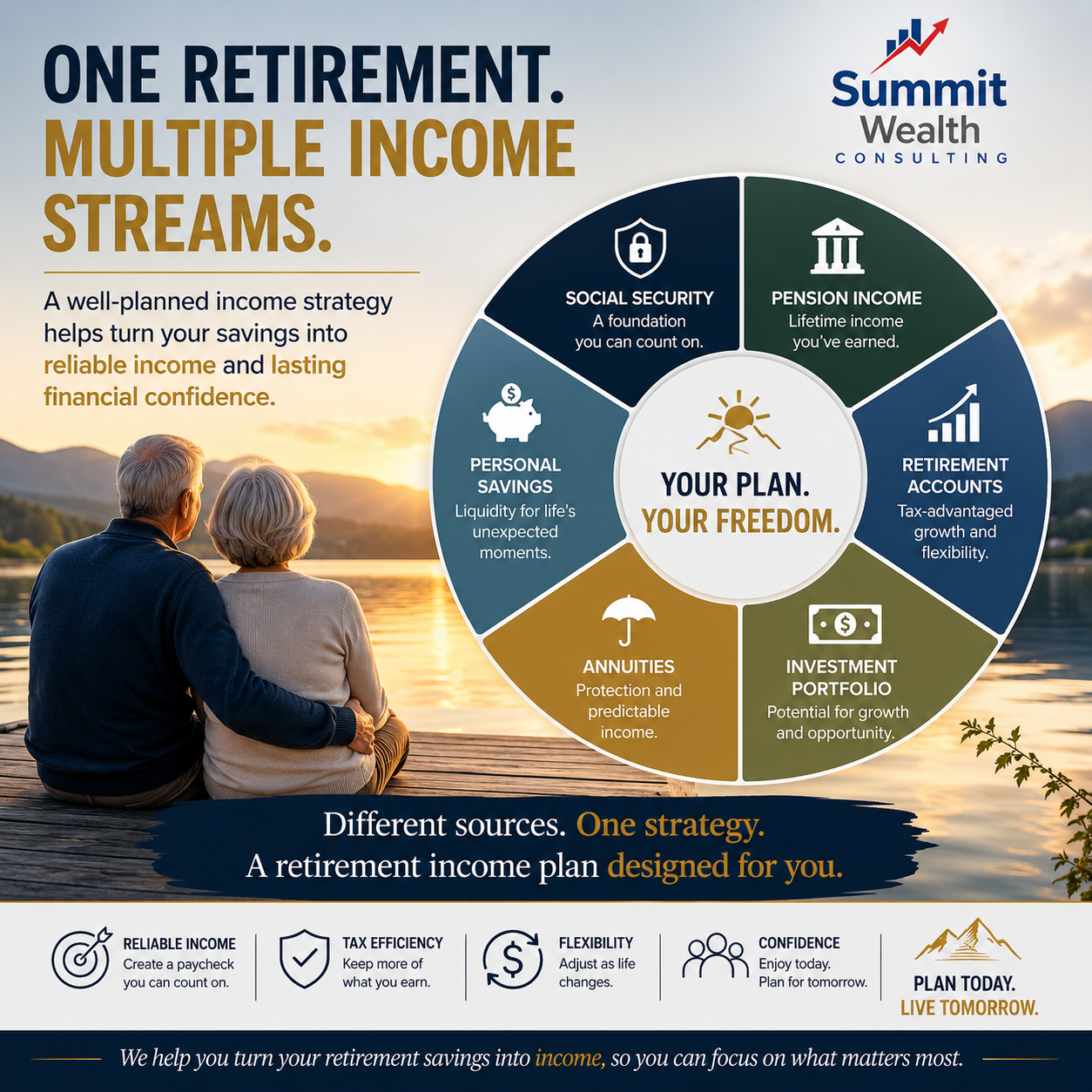 Retirement income planning infographic showing multiple income streams including Social Security, pensions, retirement accounts, investments, annuities, and personal savings by Summit Wealth Consulting.
