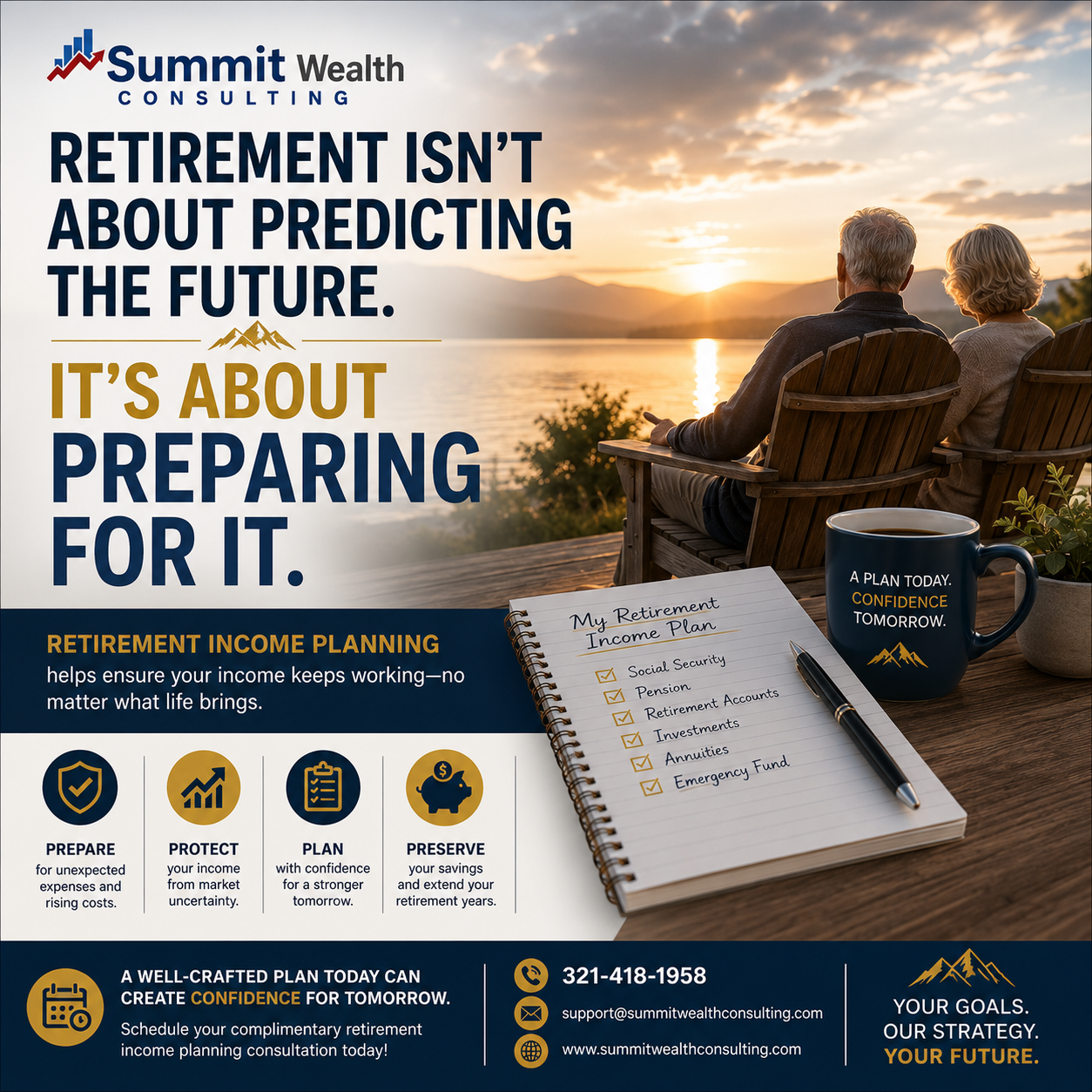 Couple enjoying retirement by a lakeside at sunset while reviewing a retirement income plan, illustrating retirement income planning and long-term financial confidence by Summit Wealth Consulting.