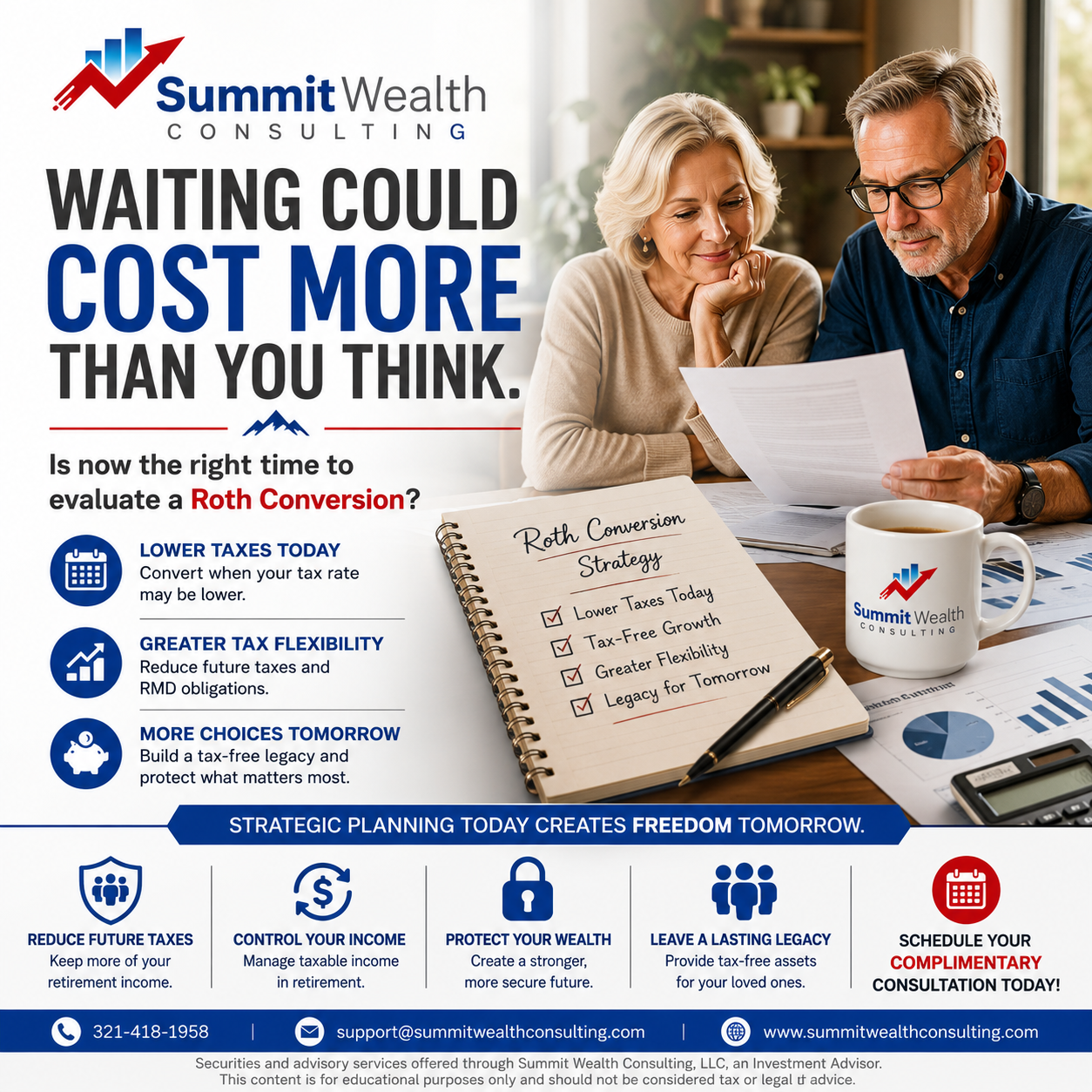 A retired couple reviews Roth conversion and tax planning documents while discussing retirement tax strategies with Summit Wealth Consulting. The image highlights the benefits of proactive Roth conversion planning for tax-efficient retirement income.