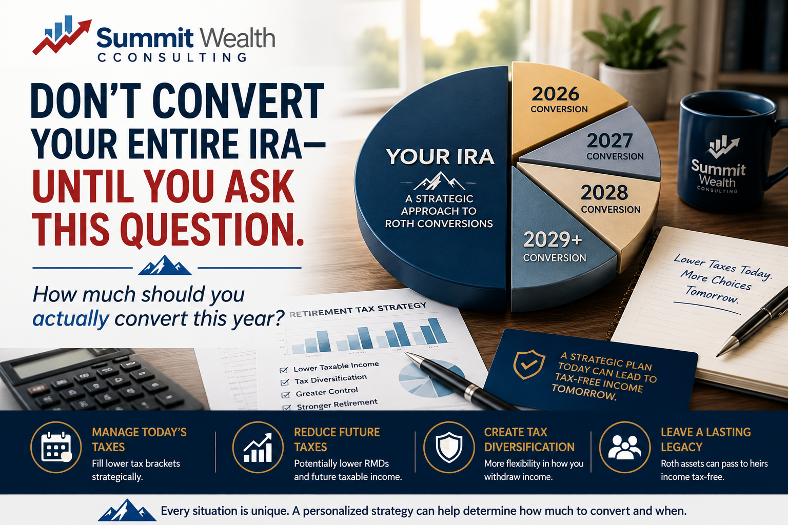 Summit Wealth Consulting Roth conversion planning graphic showing an IRA divided into strategic annual conversions for 2026, 2027, 2028, and 2029 to illustrate a multi-year retirement tax strategy.