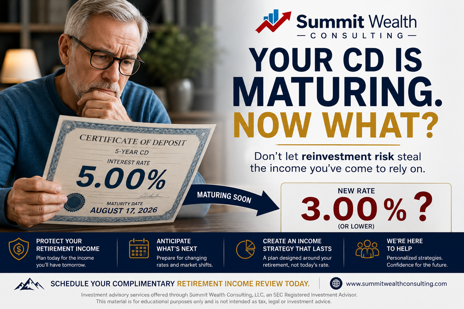 Summit Wealth Consulting retirement planning graphic showing a 5.00% CD maturing in August 2026 and illustrating the potential impact of reinvesting at a lower interest rate on retirement income.
