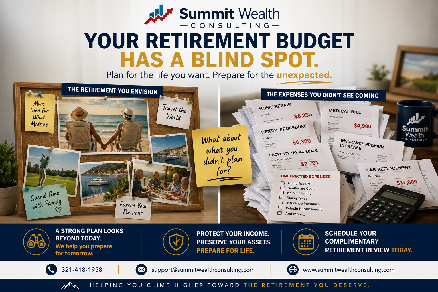 Summit Wealth Consulting retirement planning graphic contrasting an ideal retirement lifestyle with unexpected expenses including home repairs, medical bills, dental costs, property taxes, insurance increases, and vehicle replacement.
