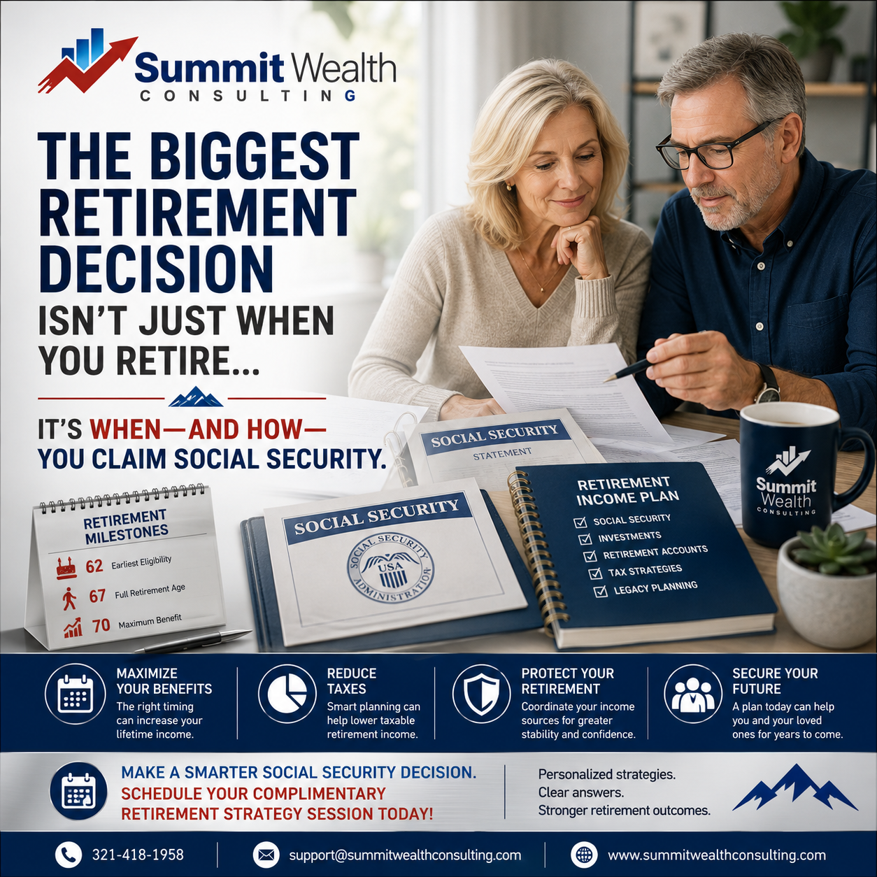 A retired couple reviews Social Security statements and a retirement income plan while discussing Social Security planning strategies with Summit Wealth Consulting to help maximize retirement income and improve long-term financial confidence.