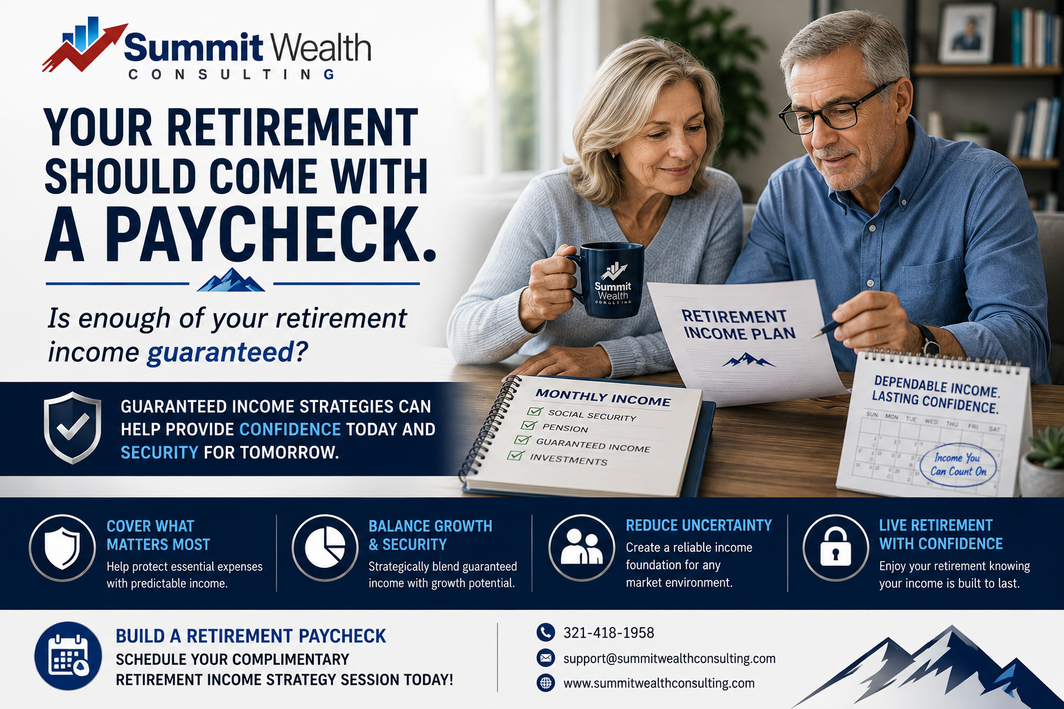A retired couple reviews a retirement income plan while discussing guaranteed income strategies with Summit Wealth Consulting to create a dependable retirement paycheck and long-term financial confidence.