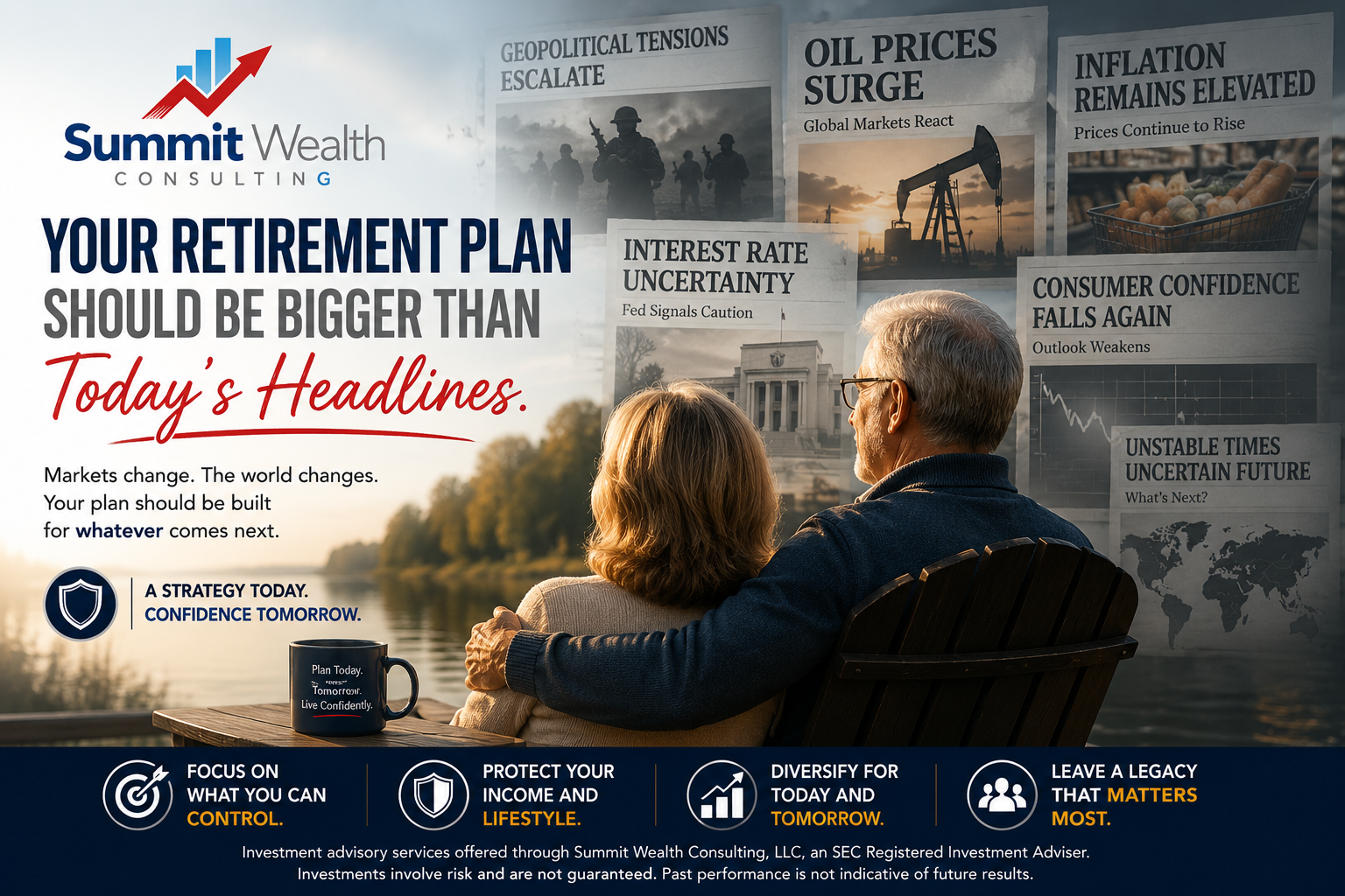 Retired couple overlooking a peaceful lake while headlines about inflation, oil prices, interest rates, geopolitical tensions, and market uncertainty illustrate the importance of retirement planning during uncertain times.
